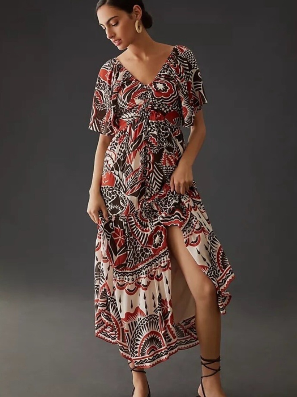 NWT Anthropologie Tiered in Red, Black & Cream Maxi Dress Size XSP